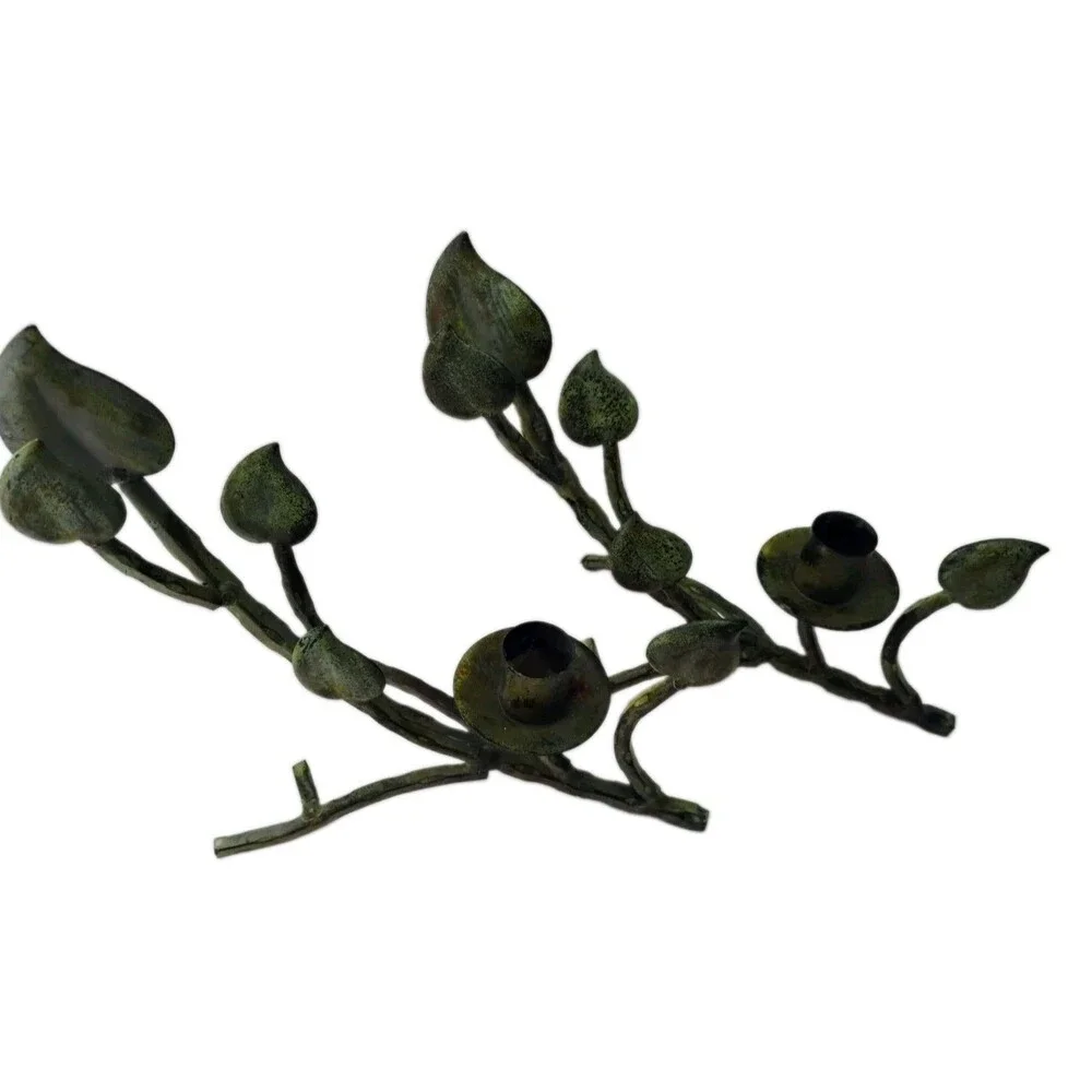 Vintage Metal Branch Candle Holders Pair Leaf Vine Verdigris Green Taper 2pc